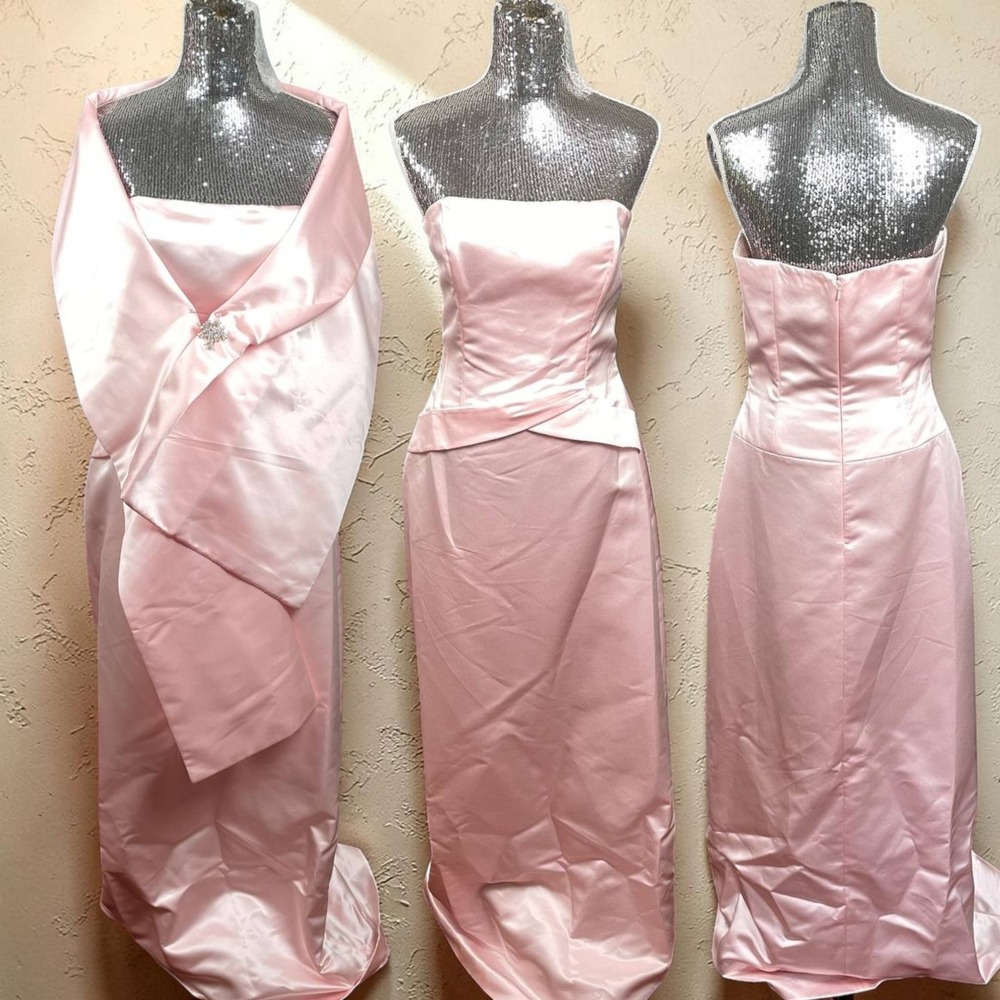 Y2K Satin Strapless Convertible Maxi Sheath Gown Formal Prom Pink Size 8 Party